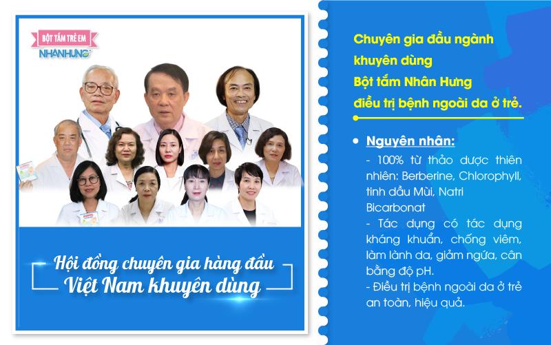 Chuyên gia đầu ngành khuyên dùng Bột tắm Nhân Hưng điều trị bệnh ngoài da ở trẻ.