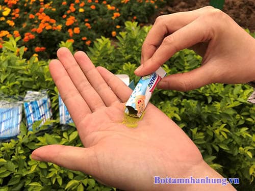 … khi xé ra sẽ thấy trong mỗi tép có chứa 1g dạng bột và có màu vàng nhạt