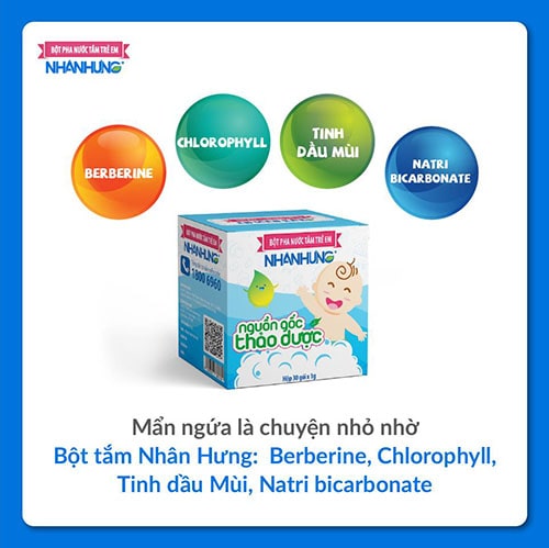 Mẩn ngứa là chuyện nhỏ nhờ Bột tắm Nhân Hưng:  Berberine, Chlorophyll, Tinh dầu Mùi, Natri bicarbonate.