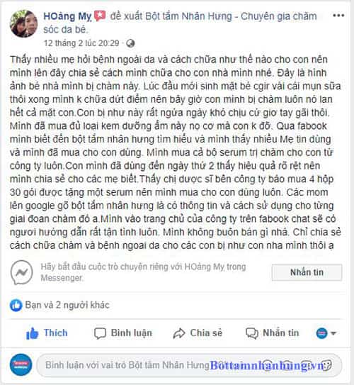 Tình cờ biết bộ đôi chàm sữa Nhân Hưng qua facebook nhưng mẹ Hoàng Mỵ đã không lưỡng lự mà đặt mua ngay tức thì. Và kết quả thế nào thì các mẹ chỉ cần đọc những lời chia sẻ vô cùng có tâm của mẹ Mỵ để tự kiểm chứng nhé