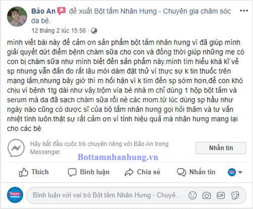 Mẹ Bảo An vô cùng kỹ tính và tỏ ra dị ứng với những sản phẩm mua qua mạng, ấy thế mà mẹ An đã phải thốt lên “bây giờ thì mình hối hận vì không tìm đến sản phẩm sớm hơn, để con khó chịu vì bệnh 1 thời gian dài như vậy…” đủ để thấy bộ đôi chàm sữa Nhân Hưng hiệu quả tới mức nào rồi các mẹ ạ