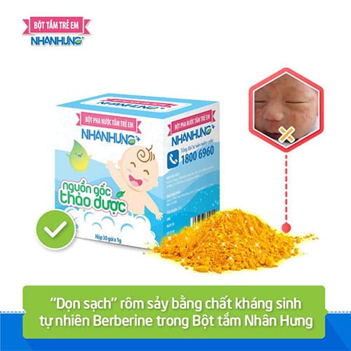 “Dọn sạch” rôm sảy bằng chất kháng sinh tự nhiên Berberine trong Bột tắm Nhân Hưng.