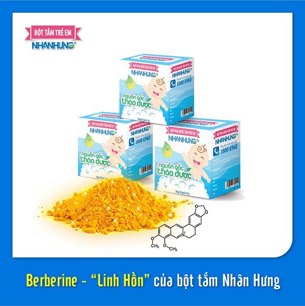 Berberine trong Bột tắm Nhân Hưng tồn tại dưới dạng Sulfat tinh khiết được sấy khô tạo thành dạng bột pha, tan trong nước