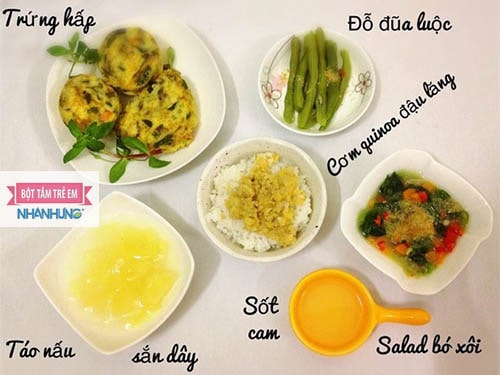  Mẫu số sáu: Cơm guinoa đậu lăng, trứng hấp, đậu đũa luộc, salad bó xôi. Món ngọt có táo nấu sắn dây và sốt cam.