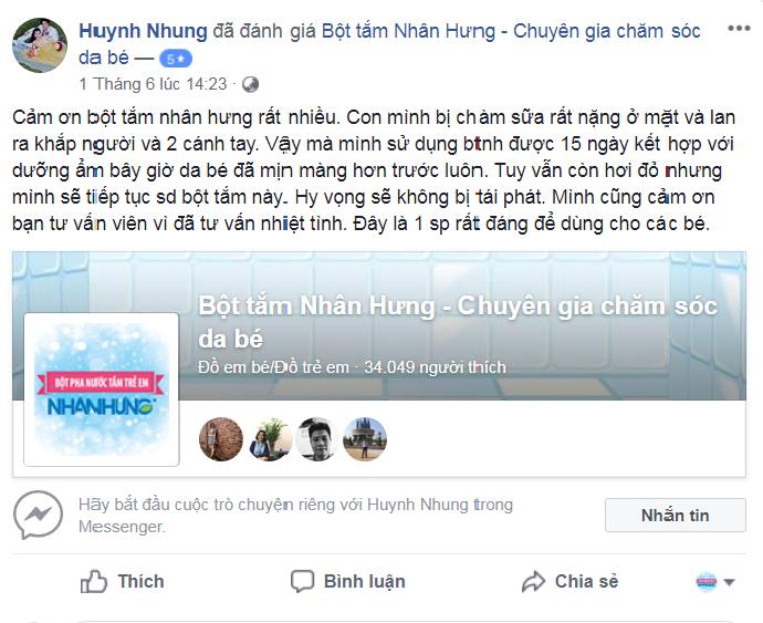Chia sẻ của mẹ Huynh Nhung trên fanpage Bột tắm trẻ em Nhân Hưng
